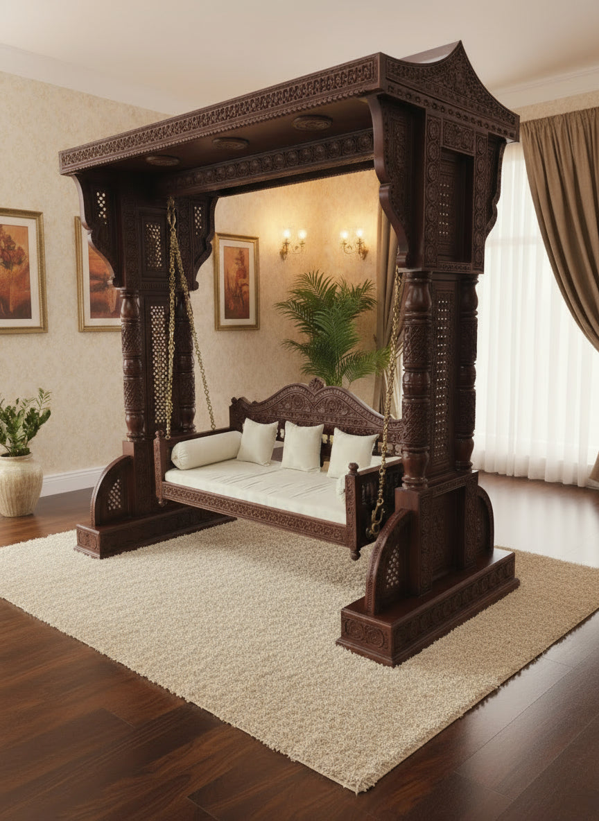 Artisan-made wooden jhula with intricate hand-carved details and modern finish