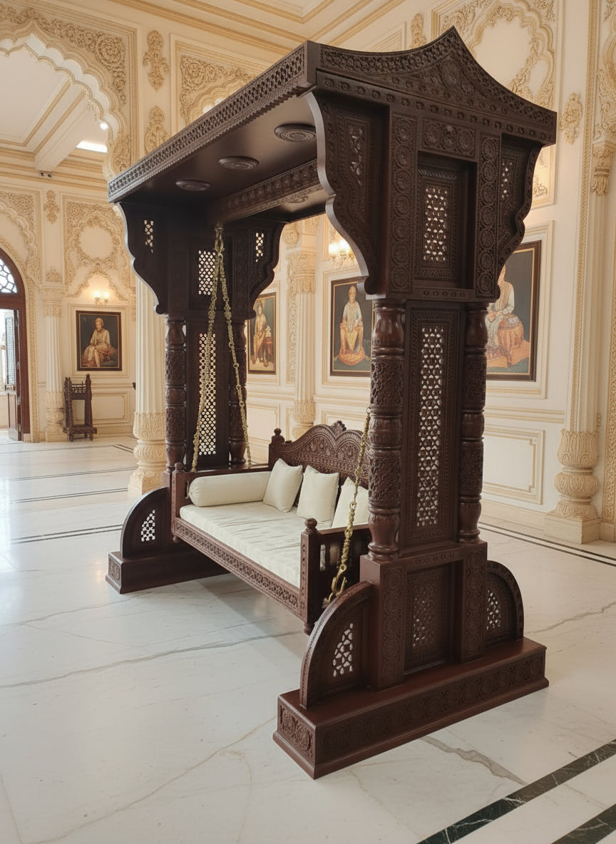 Designer wooden swing for living room by squaro with elegant carving