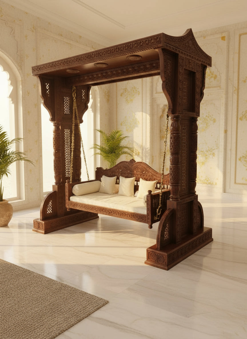 Luxury teak wood indoor swing with ornate carvings and cream cushions