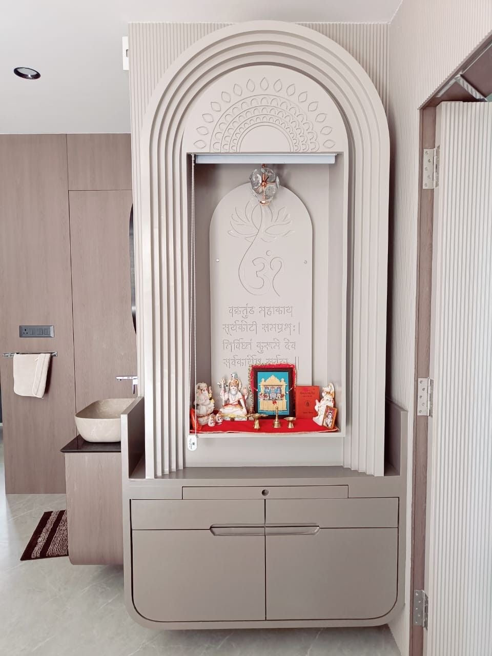 Modern Design Pooja mandir with Corian LED Backlit Panel and Design