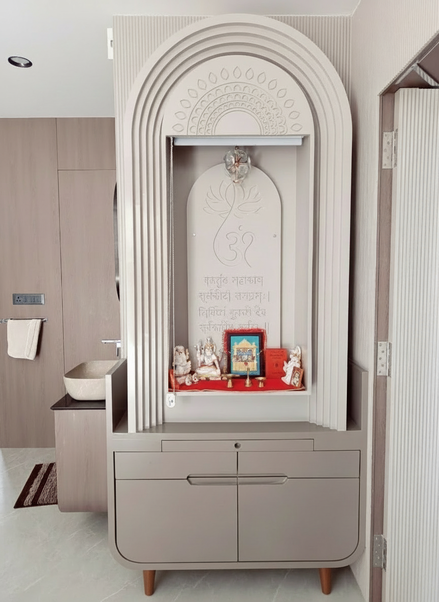 Designer off-white home temple with ambient lighting and floral wall motif.