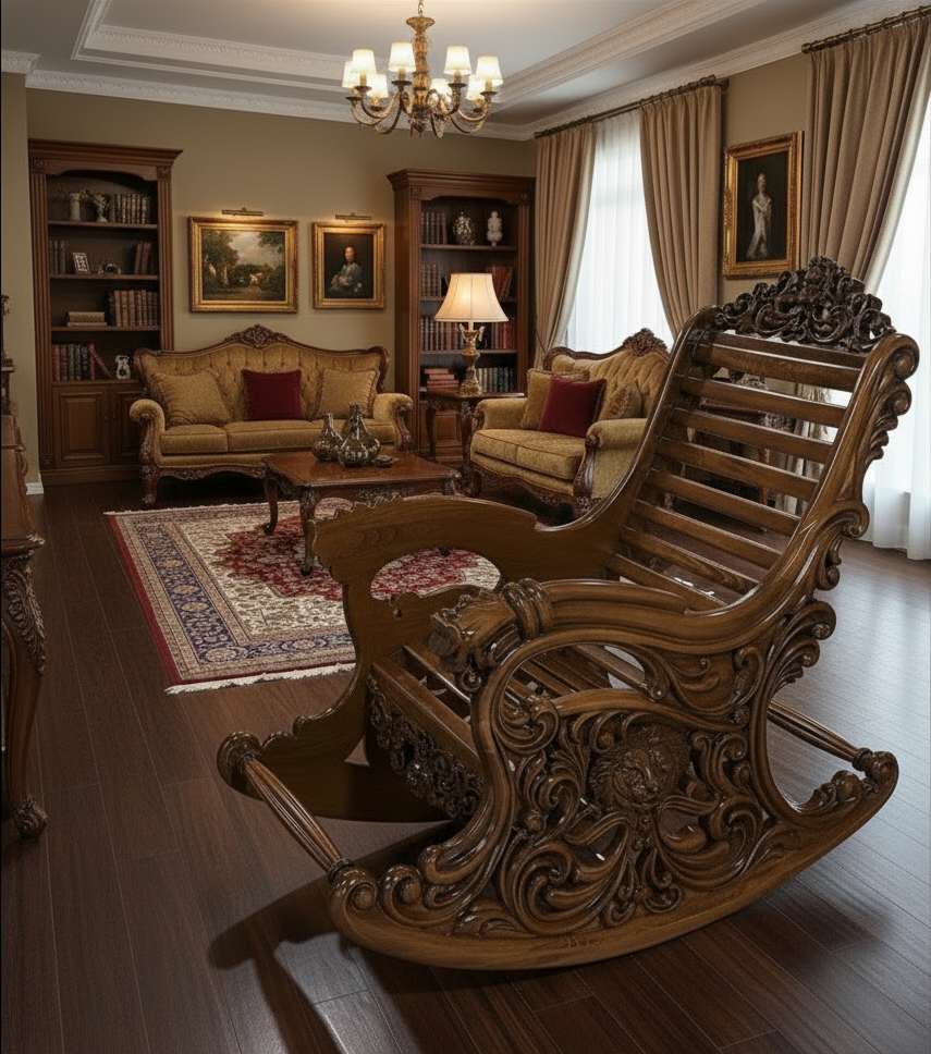 Handcrafted Solid Teakwood Rocking Chair With Heavy Carving – Premium ...