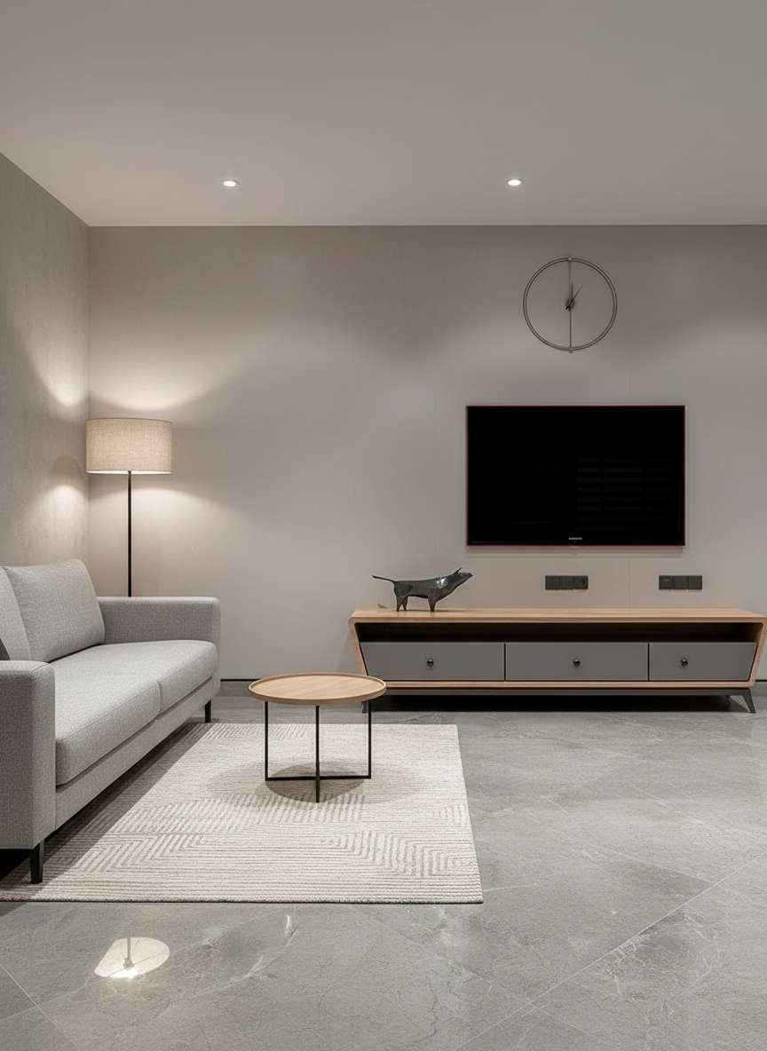 Modern wooden TV cabinet with grey drawers and minimalist design.