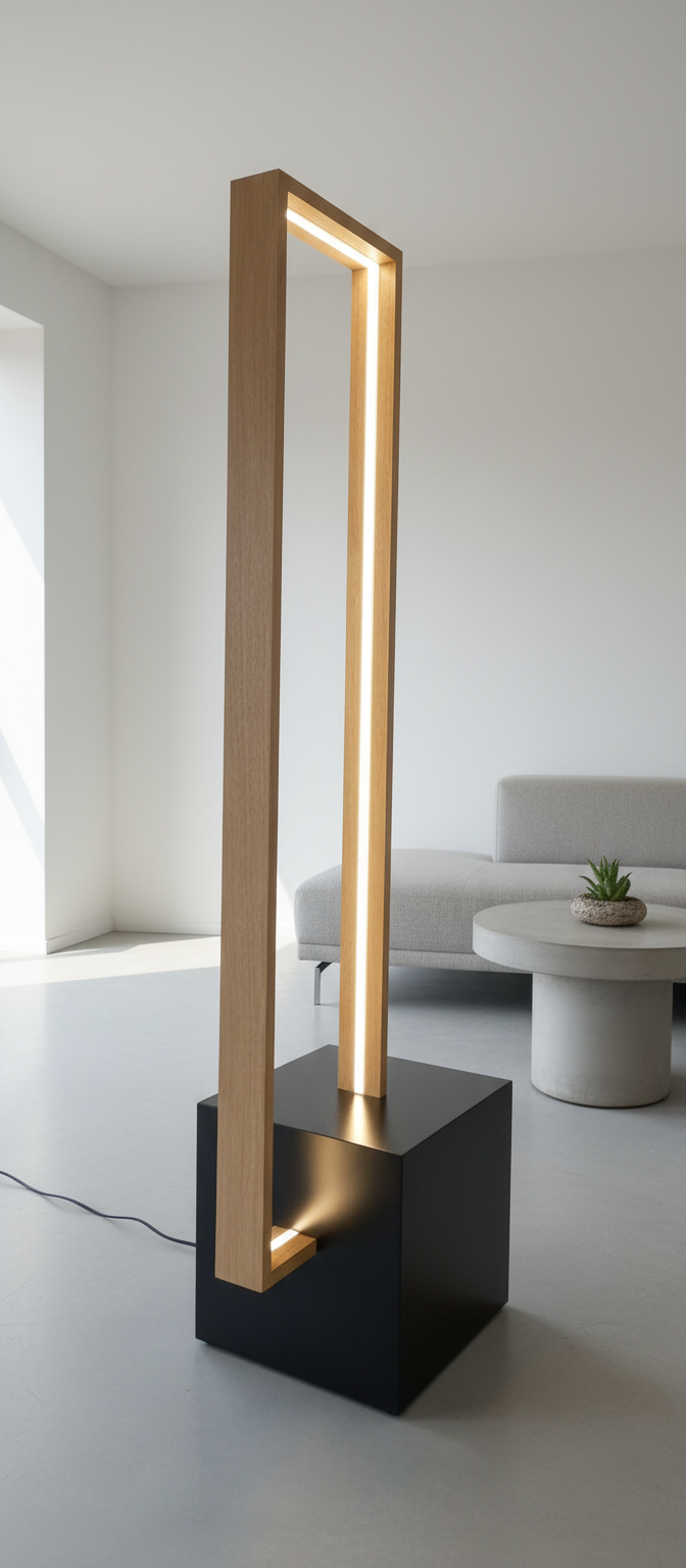 Modern floor lamp with a rectangular design in a minimalistic room.