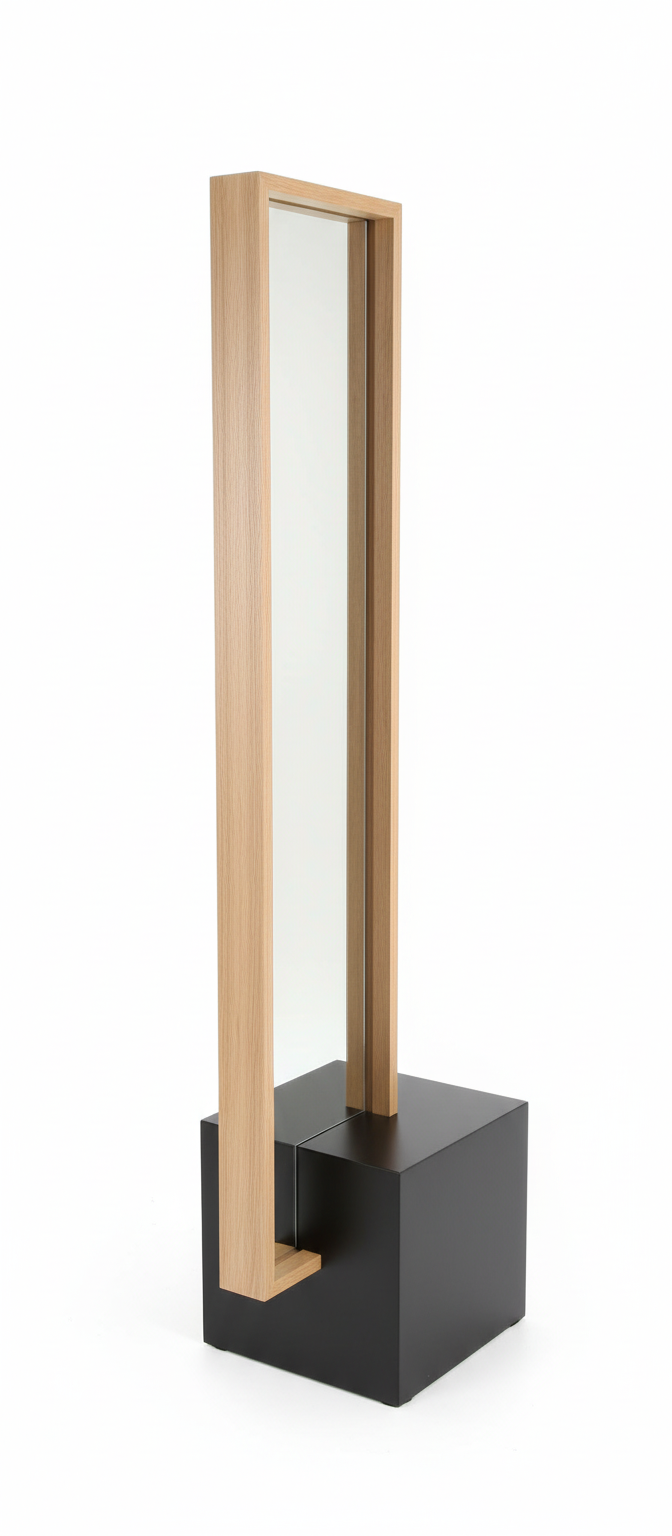 Tall display stand with wooden frame and black base on a white background