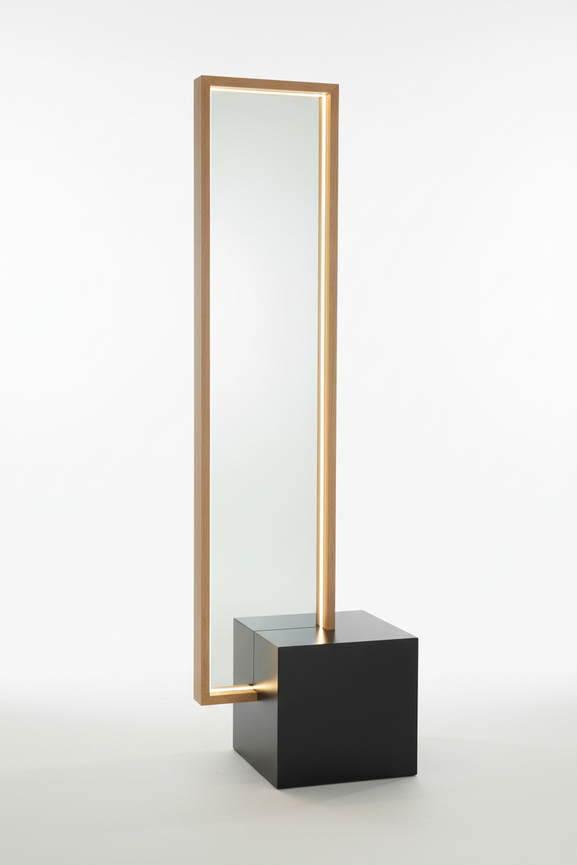 Tall wooden floor standing lamp with frame LED on a black cube base against a white background