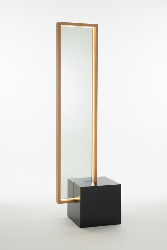 Tall wooden floor standing lamp with frame LED on a black cube base against a white background