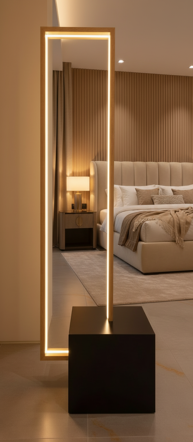 Modern standing mirror with LED lighting in a bedroom setting