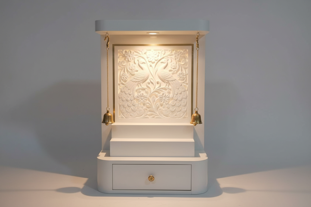 Modern wooden pooja mandir with LED backlit carved panel, brass bells, and storage drawer for home
