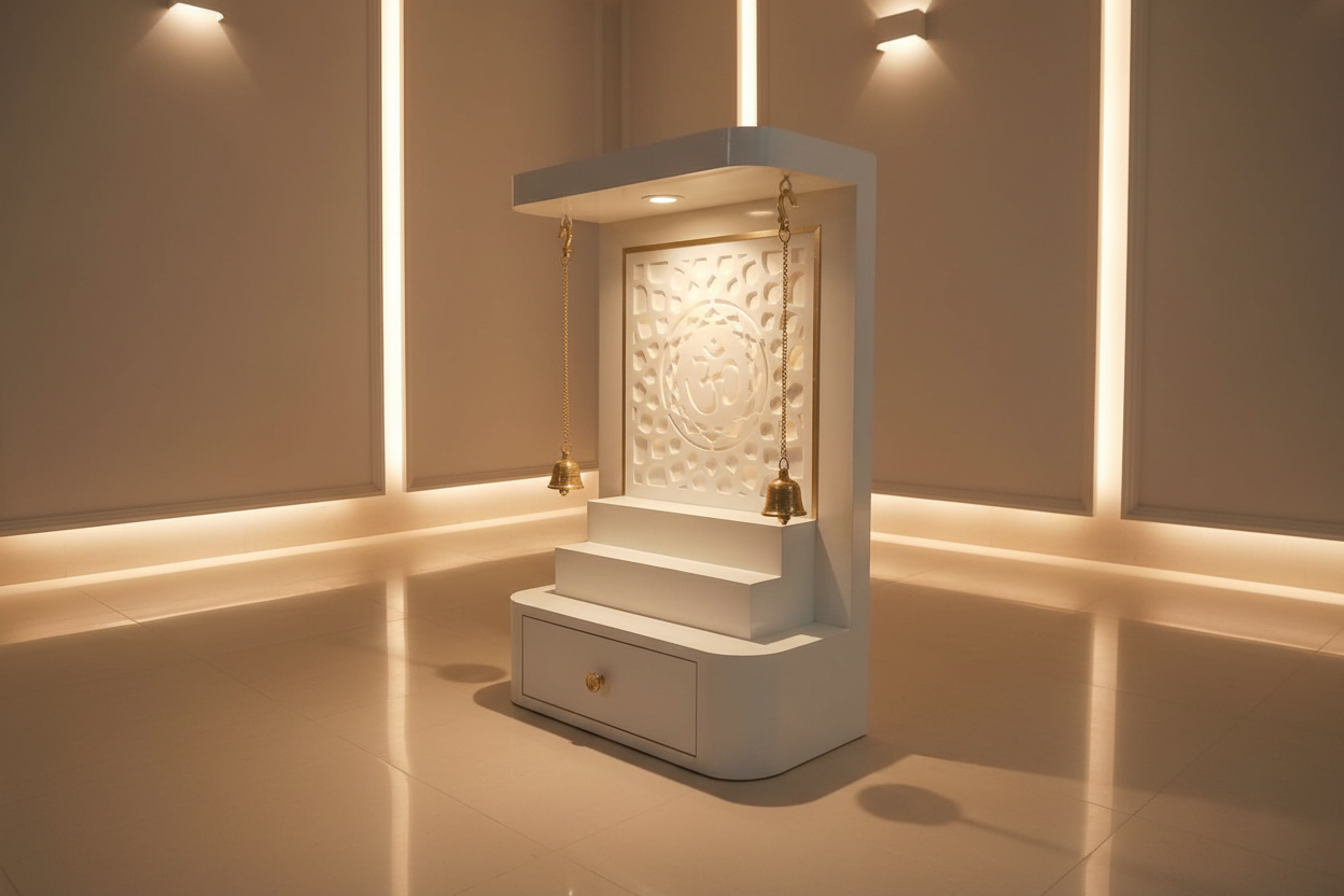 Contemporary wooden pooja mandir with LED lighting, carved floral panel, and storage unit