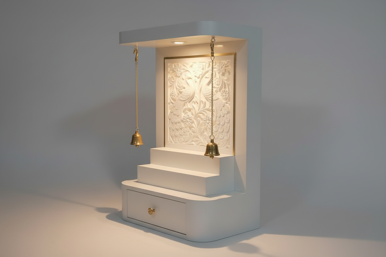 Premium wooden home temple with LED lights, decorative carved panel, and drawer storage