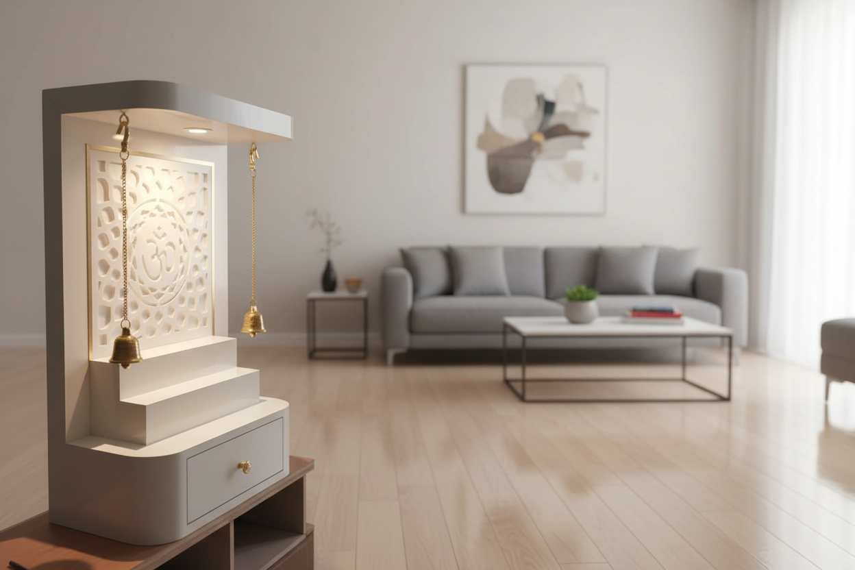 Designer home pooja mandir featuring illuminated carved back panel, wooden shelves, and hanging bells
