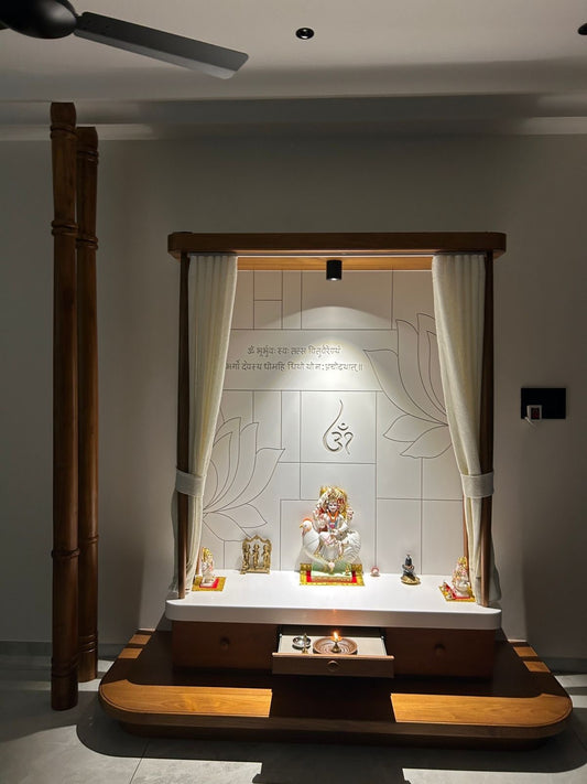 Luxury wooden and corian pooja mandir for home with pillars, curtains and storage drawer