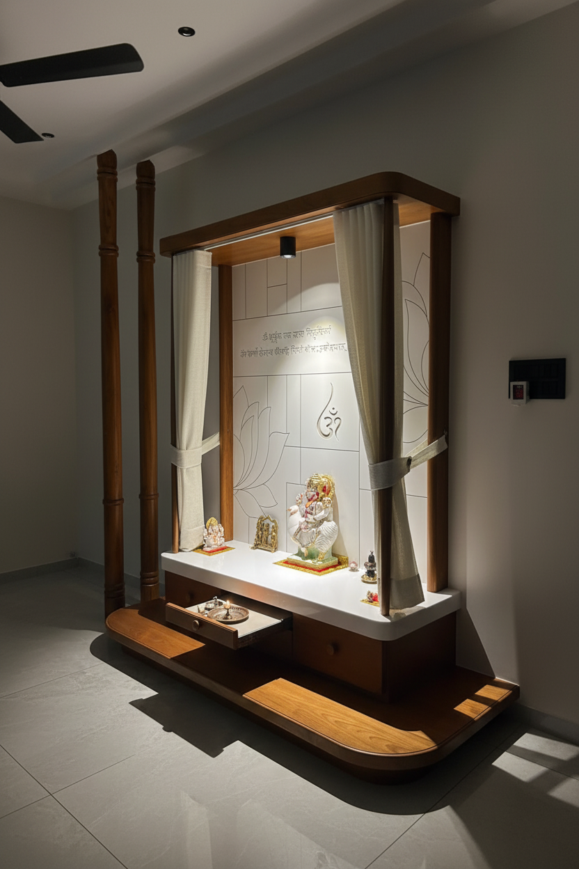 Floor standing designer teakwood and corian pooja mandir for living room with premium finish