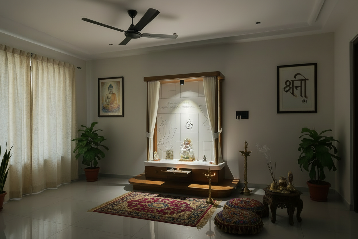 Premium home temple made of teakwood and corian with traditional pillars and modern design