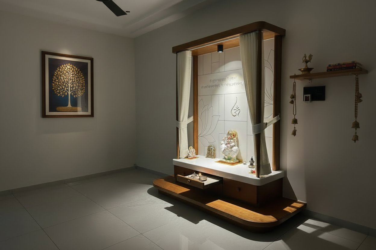 Luxury pooja mandir design for living room with wooden and Corian base and drawer