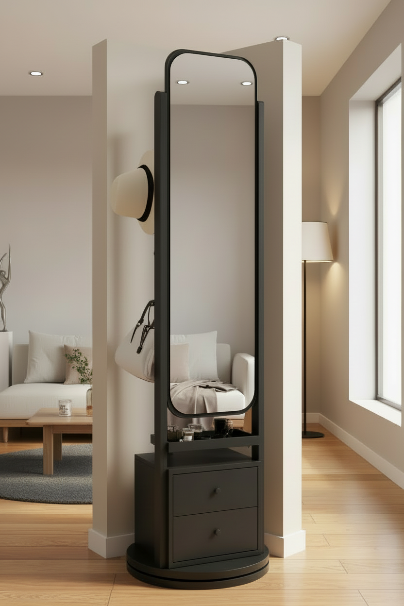 Rotating Floor Standing Vanity Mirror with Storage and Hooks – Modern Multifunctional Design