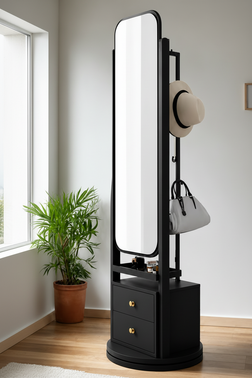 A tall black freestanding mirror with built-in storage and hooks, shown in a bright room with a window, potted plant, wood floor, and accessories hanging on the frame.