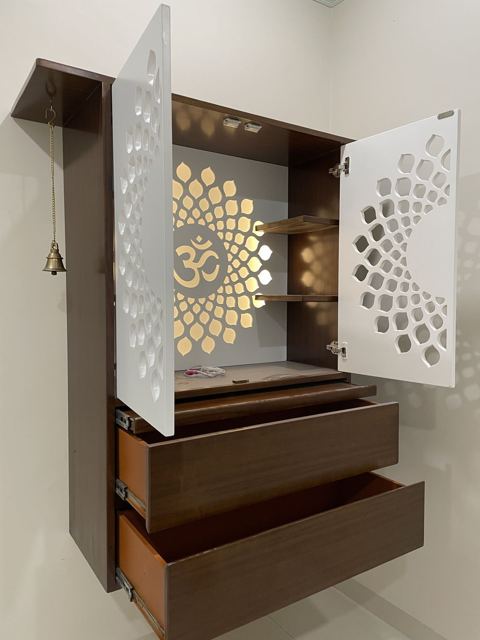 Modern Design Home Teak Pooja Mandir Brown & White With Door Modern Wall-Mounted Wooden Pooja Mandir with LED Lighting and Storage Drawers (48 Inches)