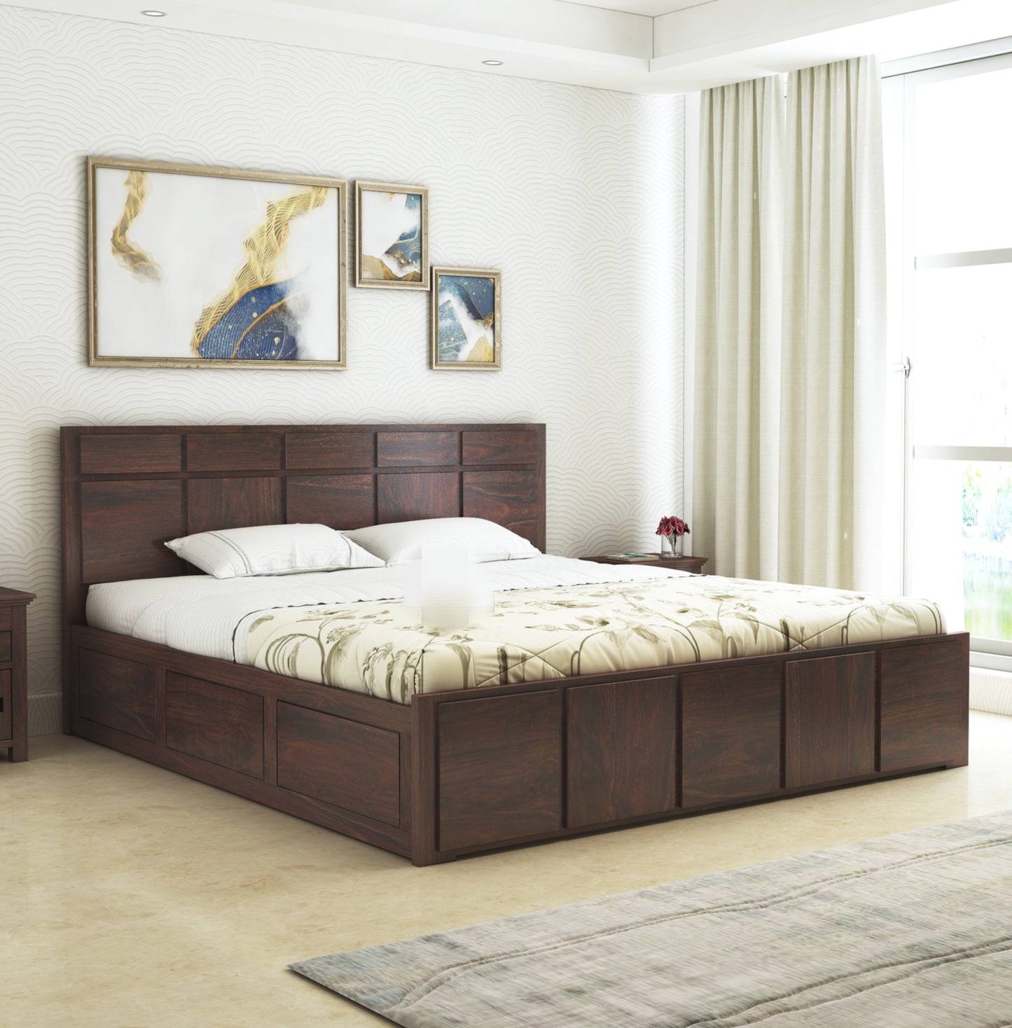 Solid Wood King Size Bed with Headboard and Storage | Elegant Dark Finish Modern Design - Modern Wooden Double Bed with Storage and Minimalist Design