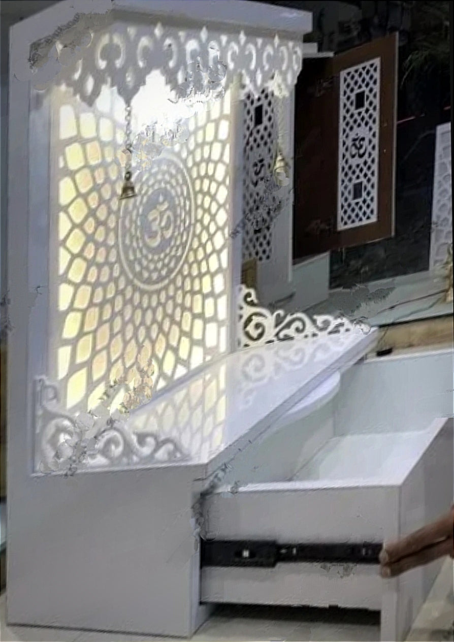 Compact White Pooja Mandir with Backlit Om Design, Drawer Storage, and Carved Detailing