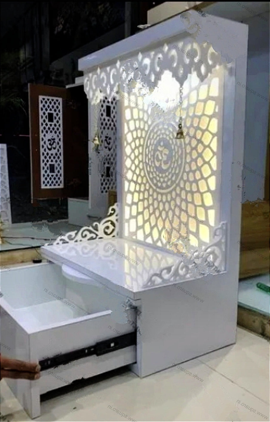 Compact White Pooja Mandir with Backlit Om Design, Drawer Storage, and Carved Detailing