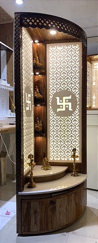 Space-saving Pooja Mandir with traditional Indian design, perfect for compact apartments and modern homes.