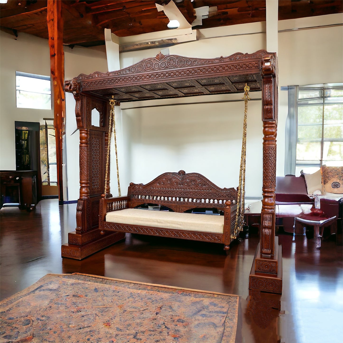 Large Wooden Carved Designer Swing (Jhoola) with Brass Chain Decor