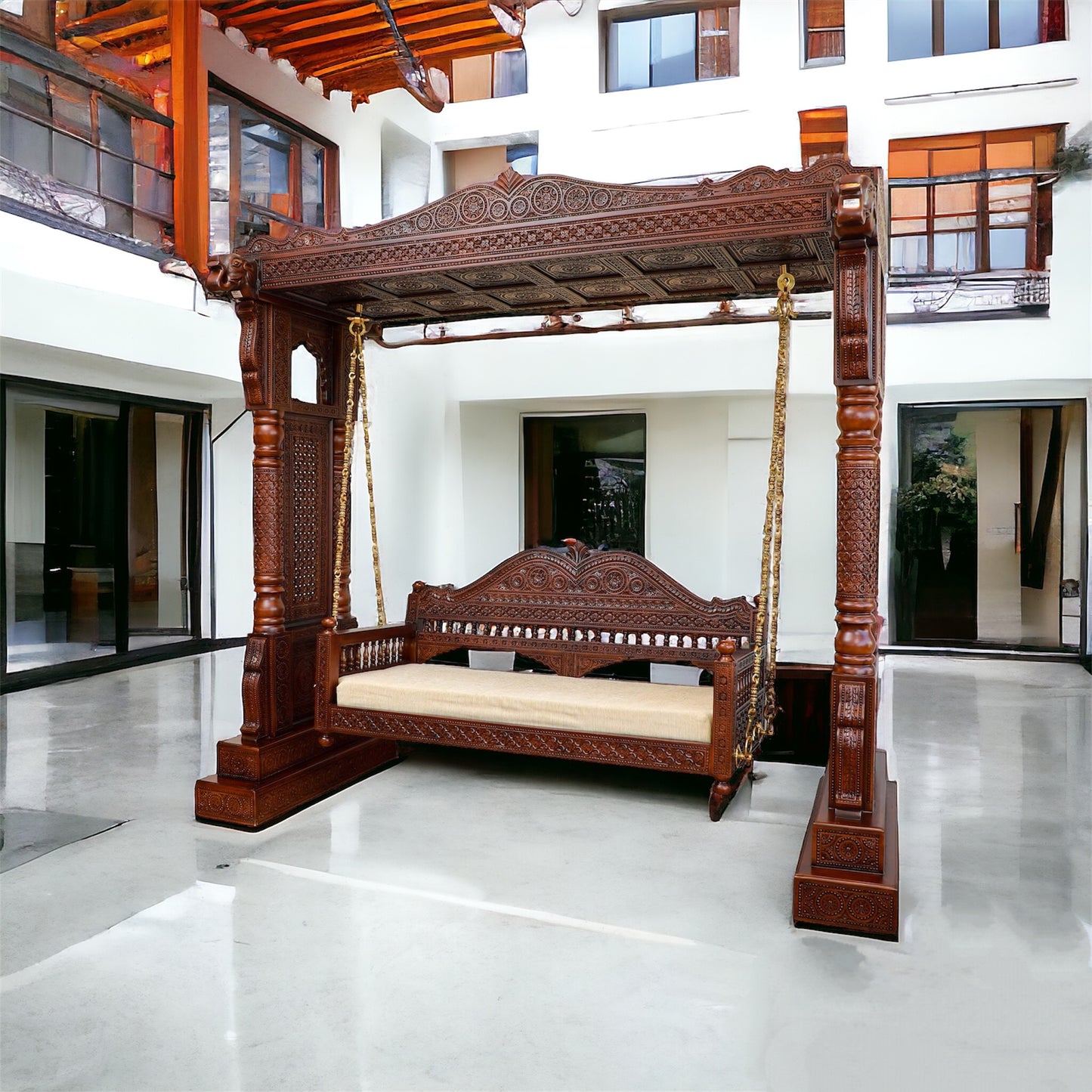 Large Wooden Carved Designer Swing (Jhoola) with Brass Chain Decor