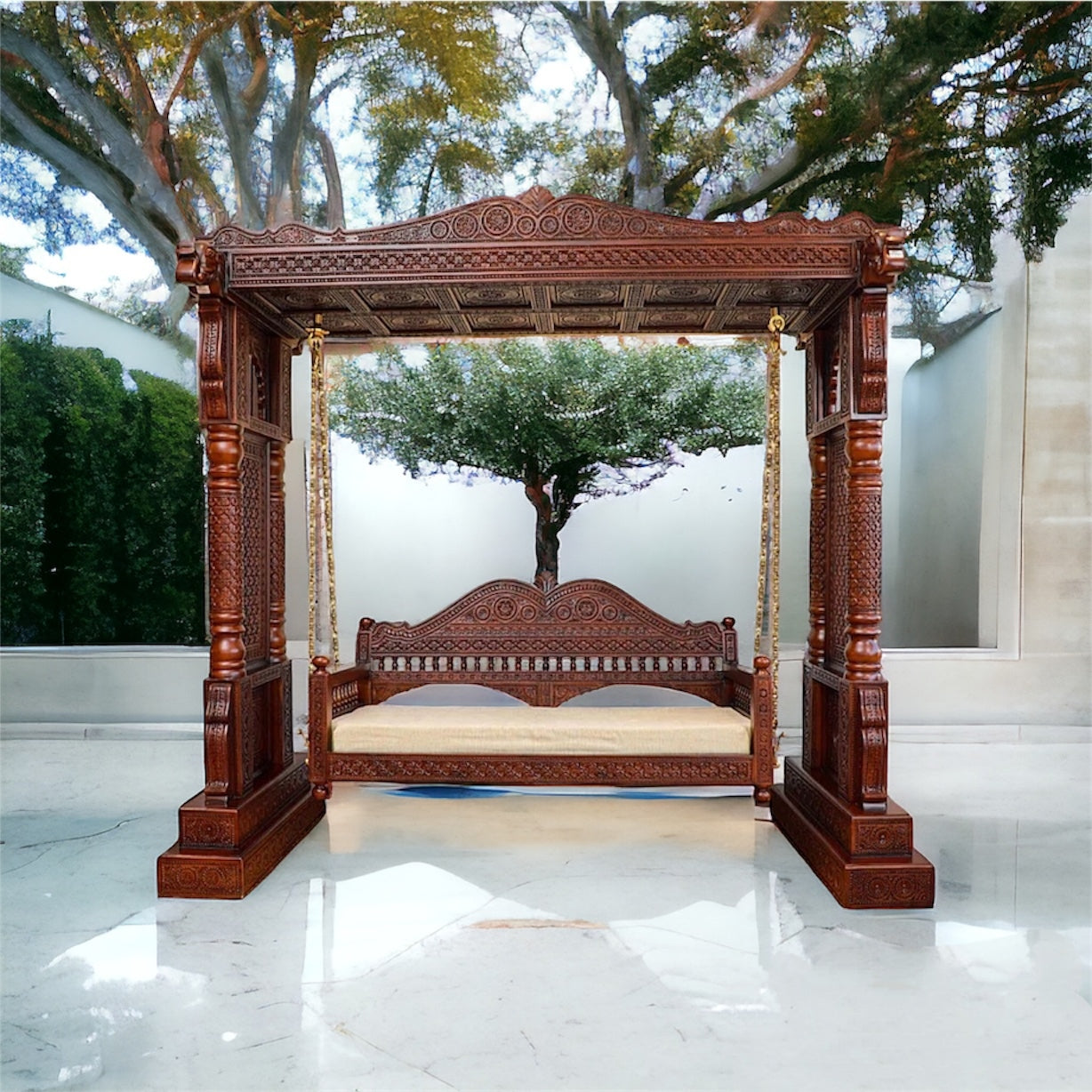 Large Wooden Carved Designer Swing (Jhoola) with Brass Chain Decor