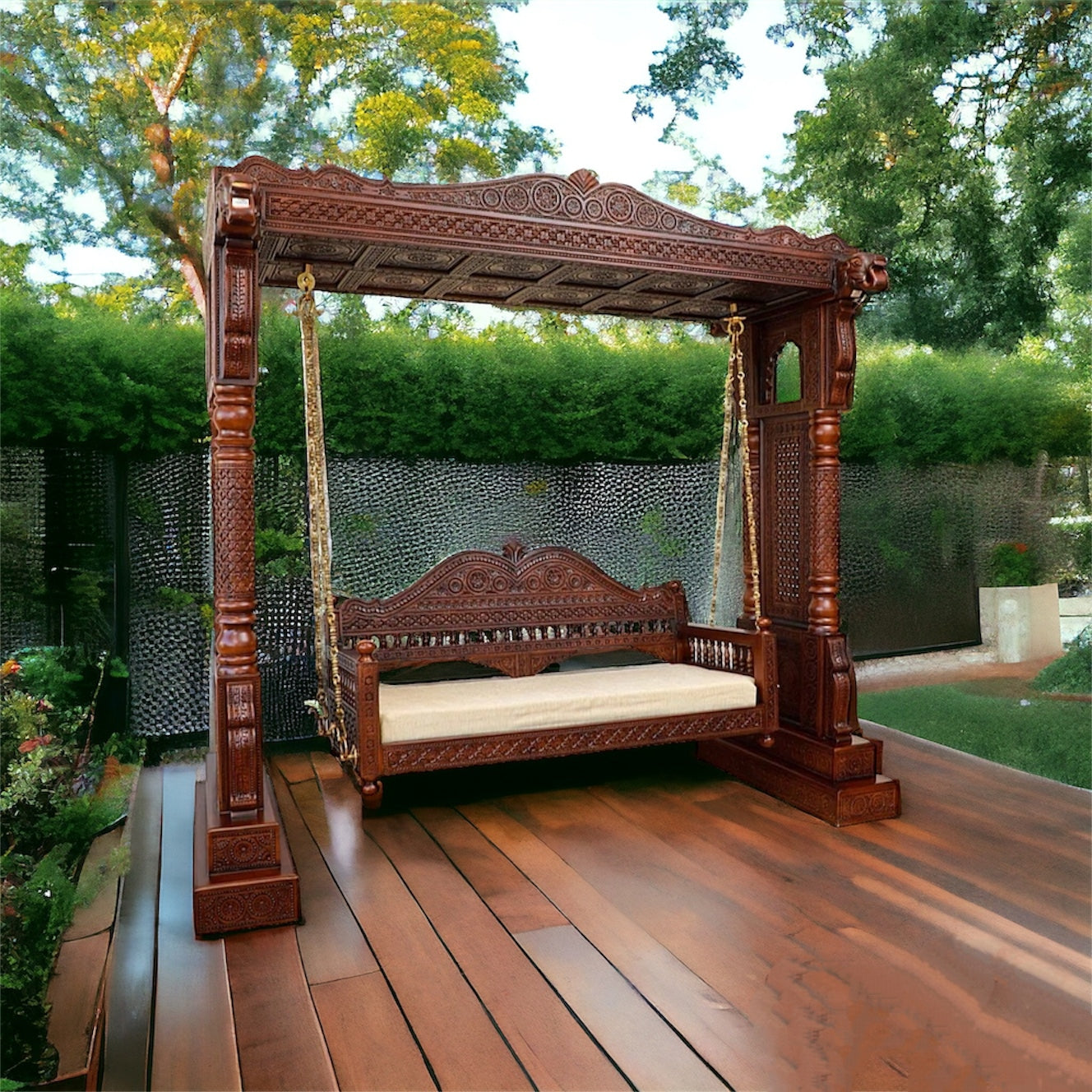 Large Wooden Carved Designer Swing (Jhoola) with Brass Chain Decor