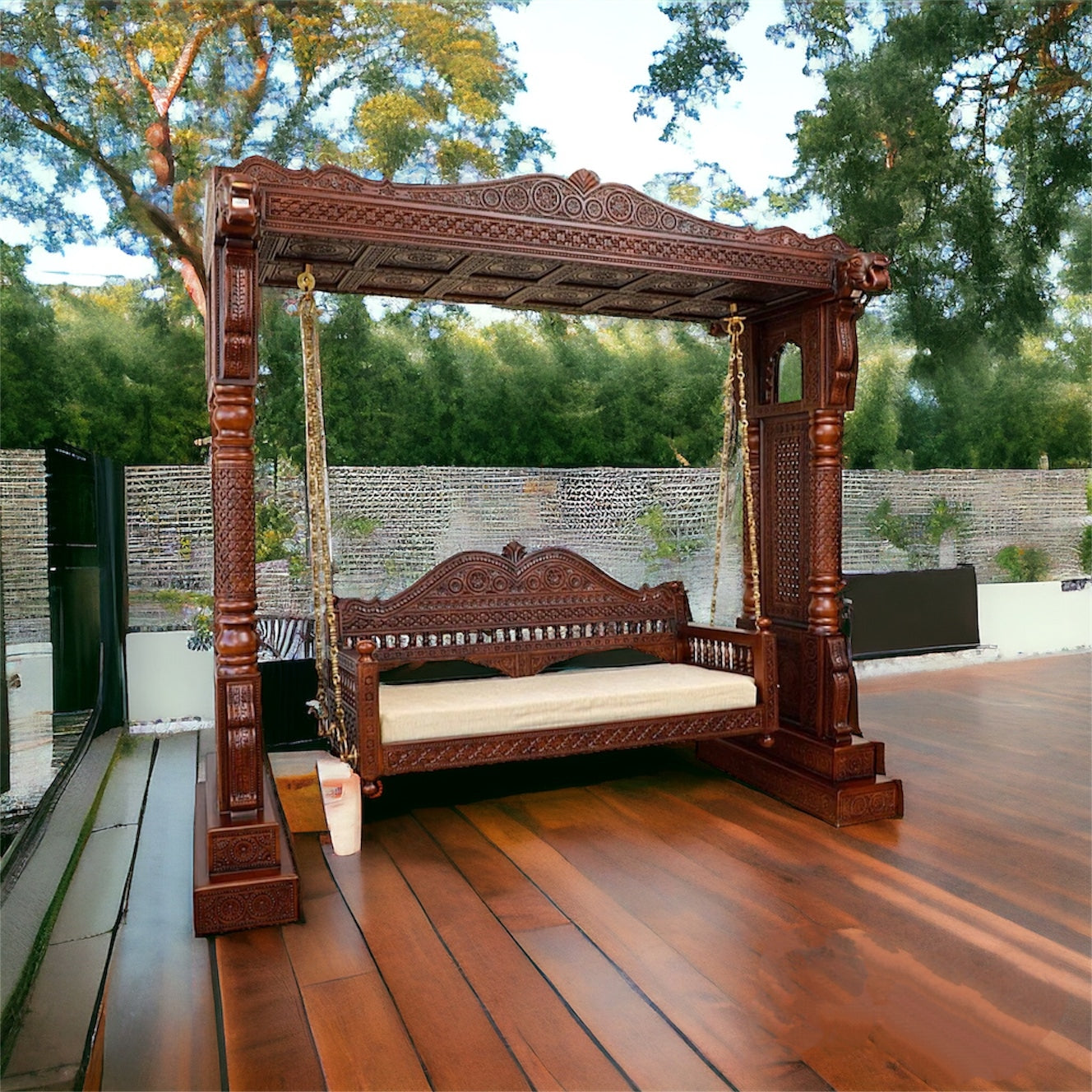 Large Wooden Carved Designer Swing (Jhoola) with Brass Chain Decor