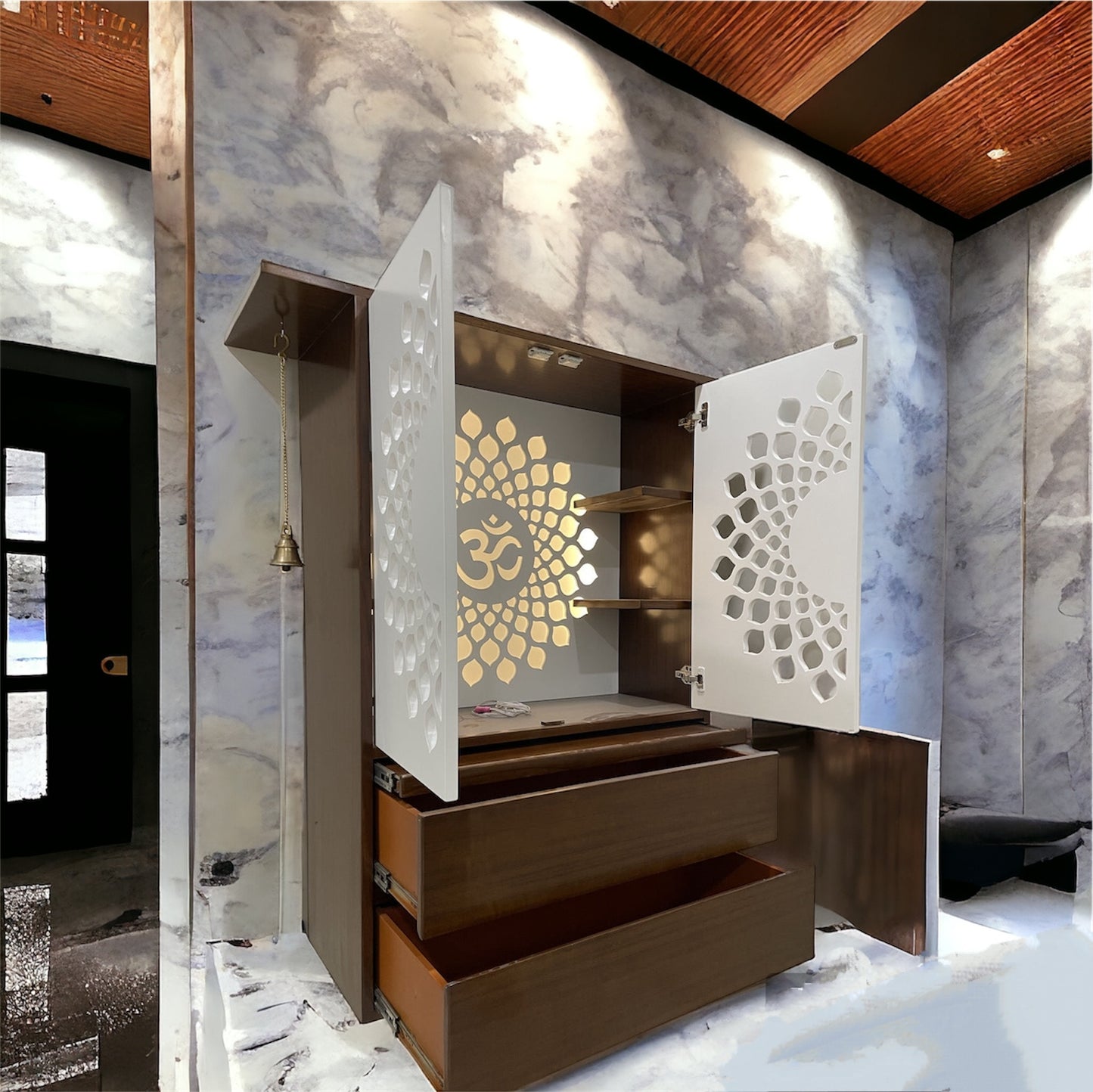 Modern Design Home Teak Pooja Mandir Brown & White With Door Modern Wall-Mounted Wooden Pooja Mandir with LED Lighting and Storage Drawers (48 Inches)
