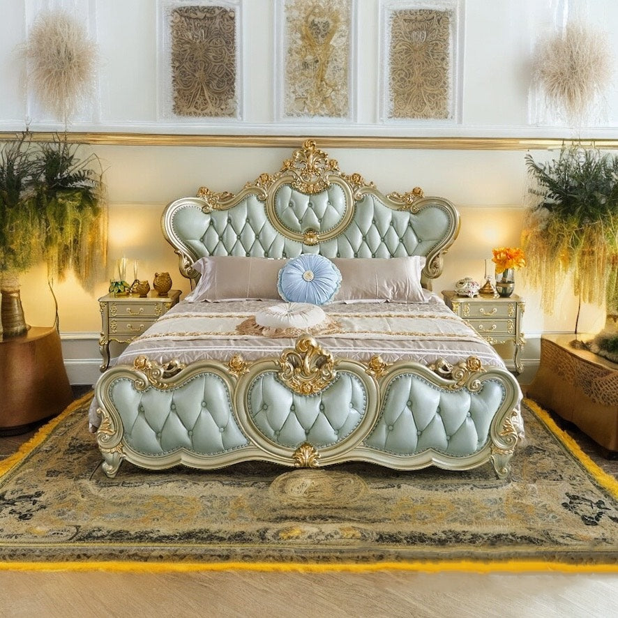 This Royal light blueish finish luxury carved wooden bed makes your bedroom luxurious - Luxurious Vintage-Style Double Bed with Elegant Tufted Headboard and Ornate Gold Detailing