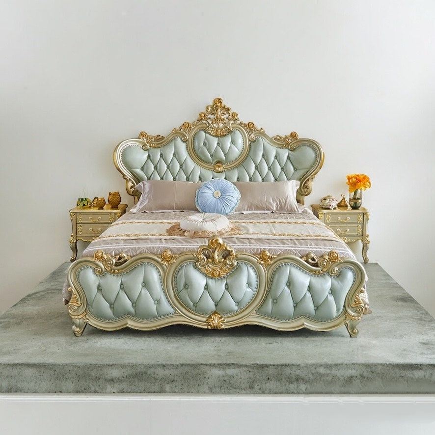 This Royal light blueish finish luxury carved wooden bed makes your bedroom luxurious - Luxurious Vintage-Style Double Bed with Elegant Tufted Headboard and Ornate Gold Detailing