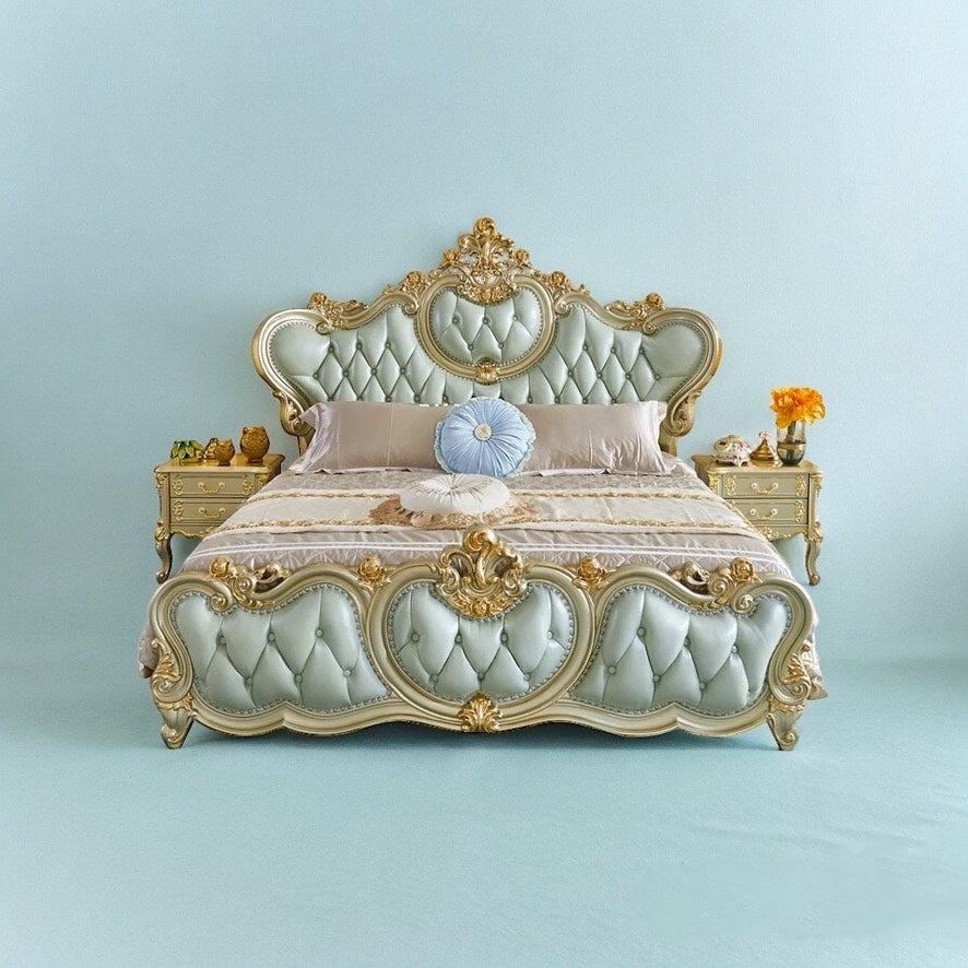 This Royal light blueish finish luxury carved wooden bed makes your bedroom luxurious - Luxurious Vintage-Style Double Bed with Elegant Tufted Headboard and Ornate Gold Detailing