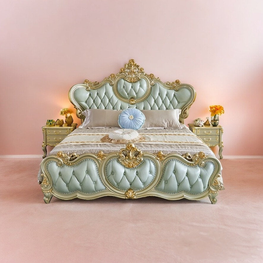 This Royal light blueish finish luxury carved wooden bed makes your bedroom luxurious - Luxurious Vintage-Style Double Bed with Elegant Tufted Headboard and Ornate Gold Detailing