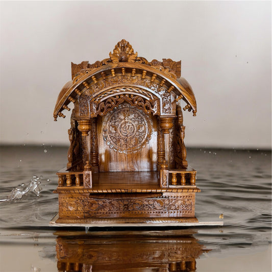 Handcrafted wooden temple with intricate carvings and traditional dome design, ideal for home or office puja space.