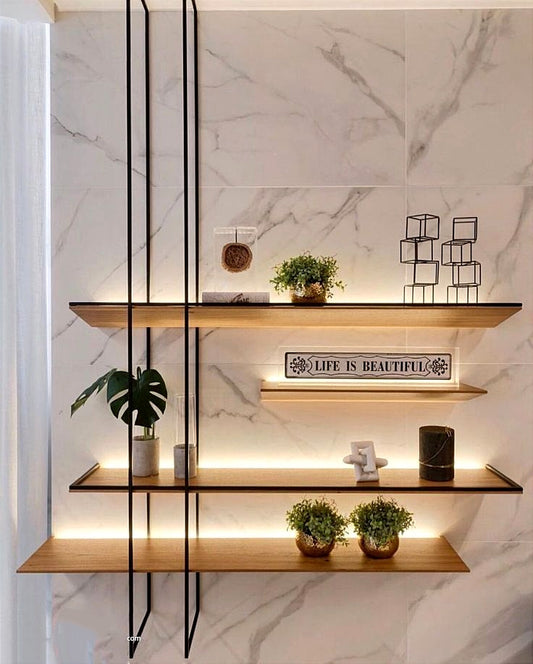 LED Illuminated Metal & Teakwood Veneer Wall Mount Shelf/Shelves