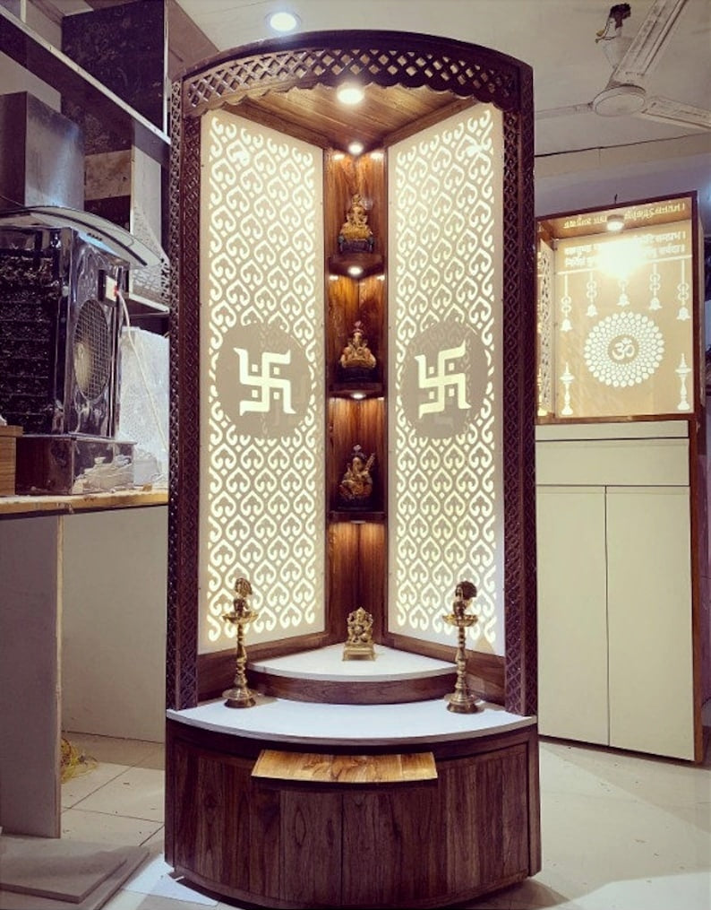 Premium handcrafted wooden temple with a combination of modern aesthetics and traditional Indian craftsmanship for home worship.