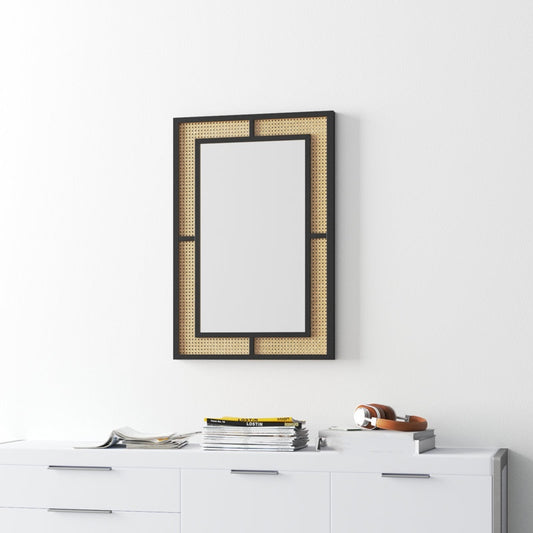 Rectangular Rattan-Inlay Wall Mirror - Modern Farmhouse Accent Mirror