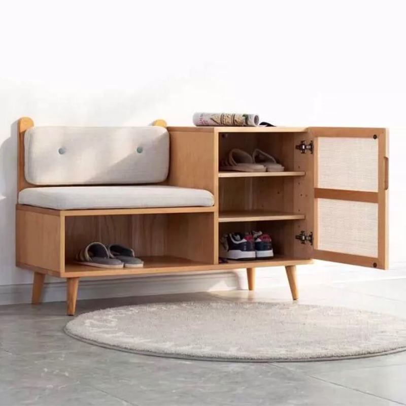 Modern Design Pinewood Sitting Shoe Rack with Cane Shutter - Elegant and Functional Entryway Solution