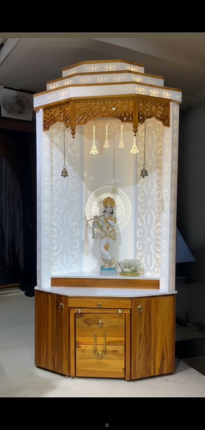 Designer wooden pooja mandir for home with Corian backlit design, elegant LED lighting, and premium craftsmanship in teak wood.