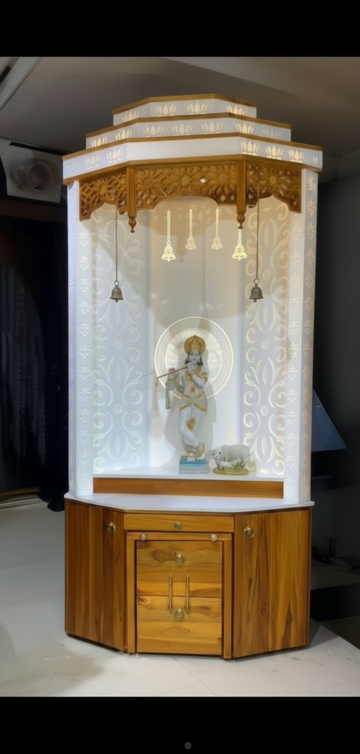 Handcrafted teak wood temple with intricate detailing, Corian backlit wall, and soft LED illumination for peaceful pooja ambience.