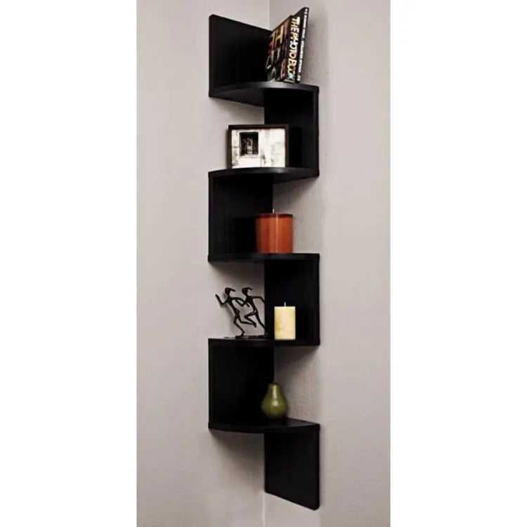 Wooden Wall Shelves Corner Hanging Shelf 5 Tiers - Modern Corner Wall Shelf – Space-Saving Black Floating Shelf for Home Décor and Storage"