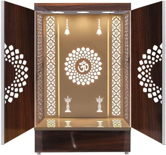Wooden pooja mandir with intricate laser-cut floral design, white interior, and LED lighting, ideal for home temples.
