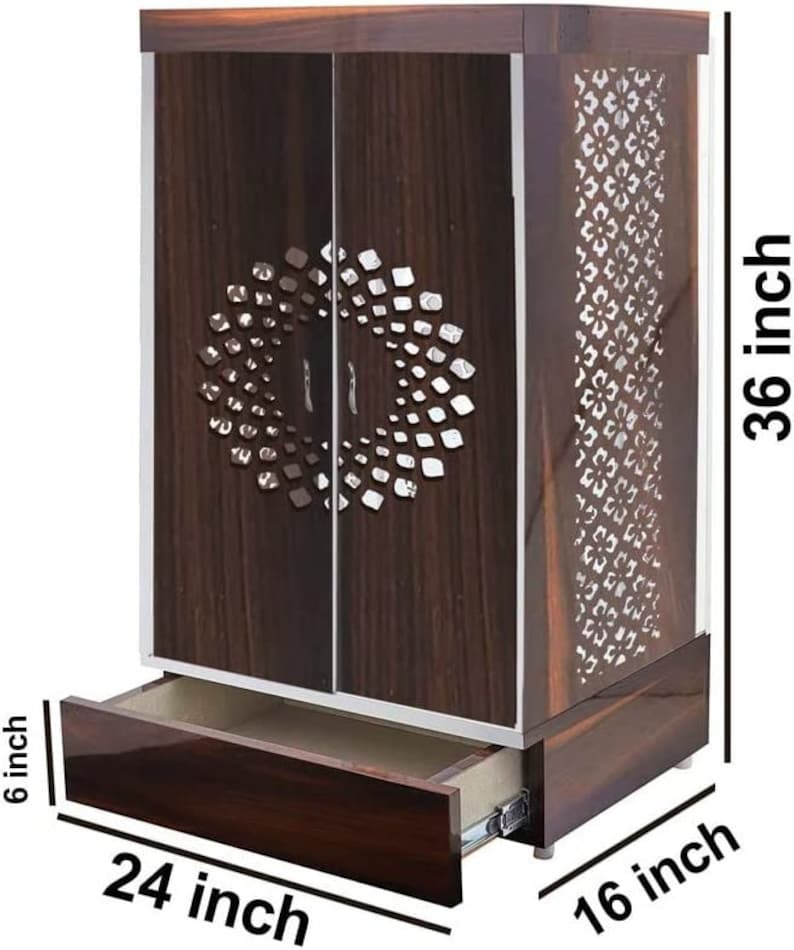 Compact wooden pooja mandir for home, measuring 36 inches in height, 24 inches in width, and 16 inches in depth, with a pull-out drawer for storage.