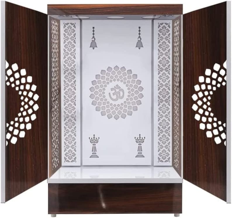 Beautiful wooden pooja mandir with intricate laser-cut side panels, polished finish, and sturdy construction, perfect for home worship spaces.