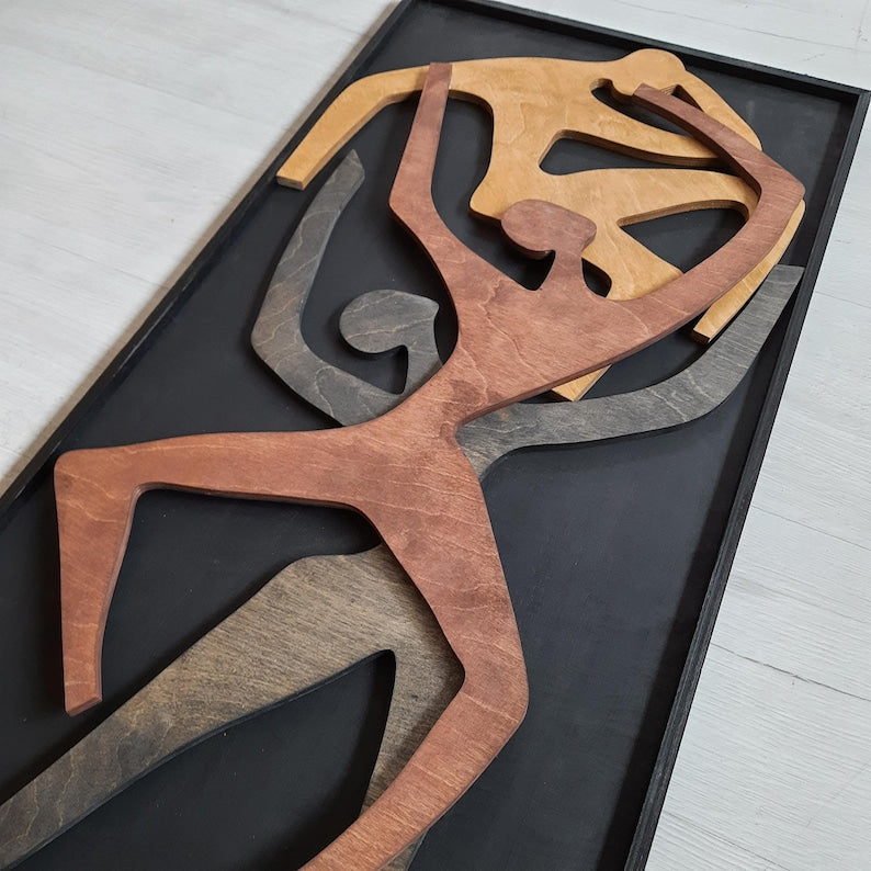 Humans Sculpture Vertical Wall Art Wooden Wall Decor | Abstract Wooden Wall Art with Dynamic Human Figures - Modern 3D Sculpture for Home Decor