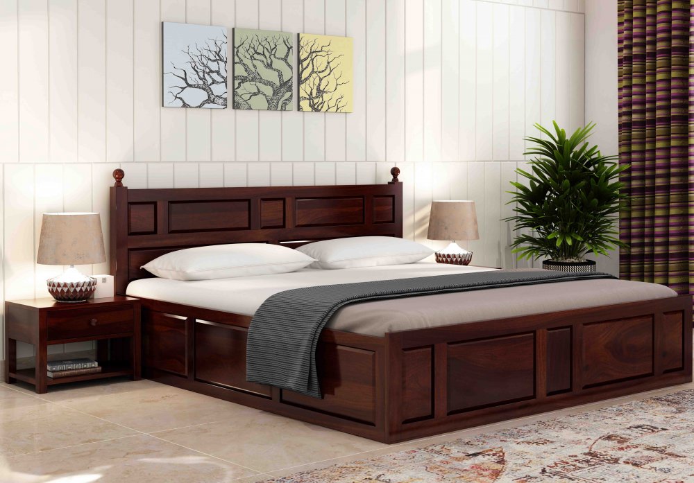 Elegant Solid Wood King Size Double Bed with Storage | Classic Wooden Bedroom Furniture - Elegant Solid Wood Double Bed with Classic Design and Storage Options (Dark Brown)